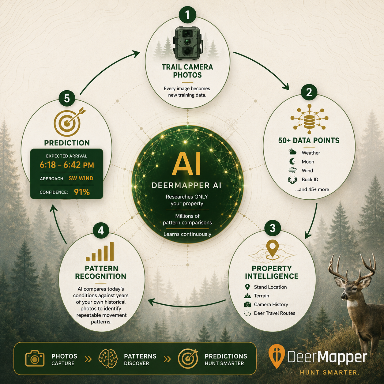 How DeerMapper AI works infographic showing trail cam data extraction, predictions, and decisions