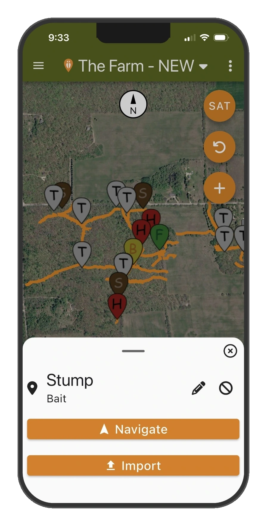 DeerMapper Map mobile app screen 2: Tap any pin for the full story, then navigate to it or import new photos right at the camera.